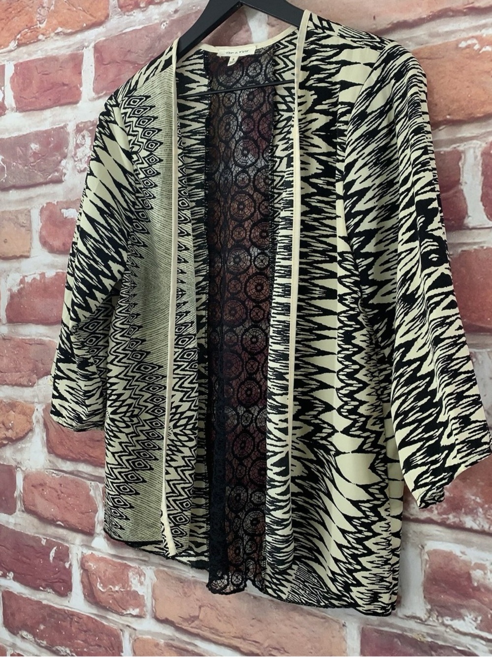 Tea N Rose Kimono Womens Medium Cream Black Boho Open Front Top